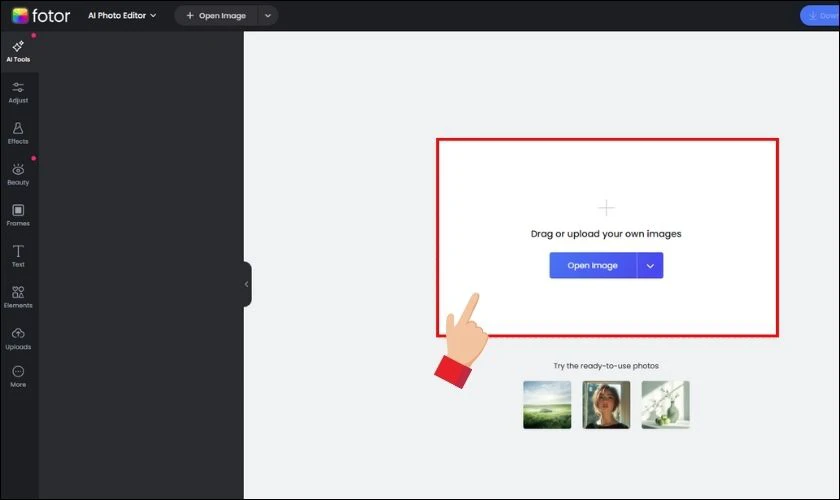Hãy nhấn vào nút Open Image và chọn ảnh bạn muốn chỉnh sửa từ thiết bị của bạn