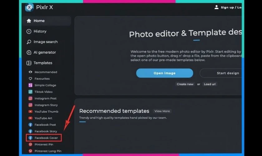 Tại danh mục mẫu ở bên trái, chọn Facebook Cover để Pixlr hiển thị các thiết kế dành cho ảnh bìa Facebook