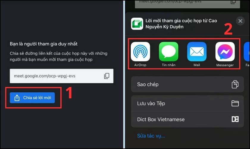 Bạn chọn Chia sẻ lời mời cuộc gọi video qua Facebook, Zalo, Messenger&hellip;