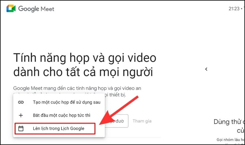 Bạn chọn v&agrave;o L&ecirc;n lịch trong Lịch Google