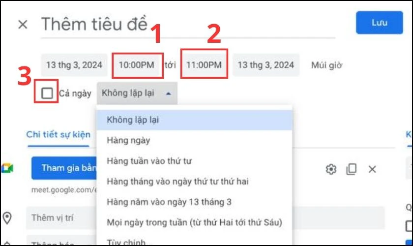 Bạn lựa chọn thời gian bắt đầu v&agrave; kết th&uacute;c cho cuộc họp