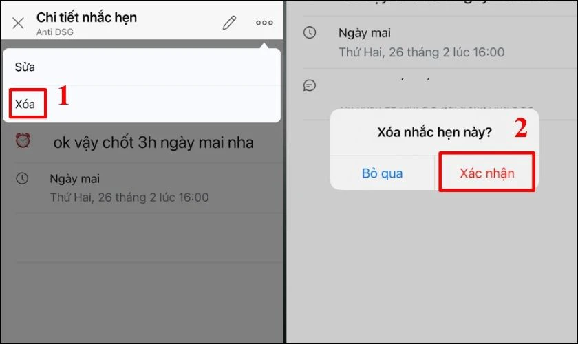 Bạn h&atilde;y chọn X&oacute;a để x&oacute;a lịch nhắc hẹn tr&ecirc;n Zalo