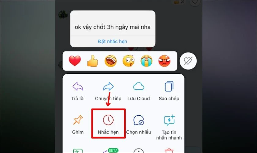 Chạm v&agrave; giữ l&ecirc;n nội dung đoạn chat bạn muốn tạo nhắc hẹn