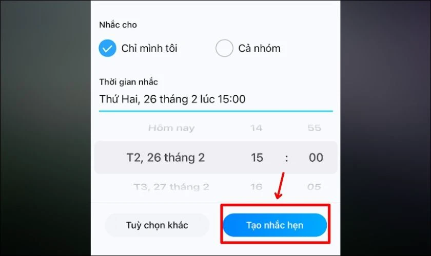 Bạn chọn thời gian v&agrave; nhấn Tạo nhắc hẹn