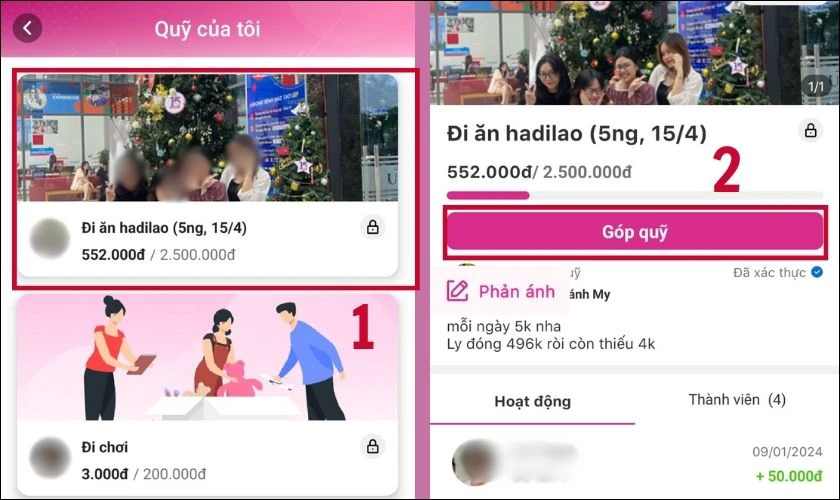 Nhấn chọn quỹ nh&oacute;m cần gửi tiền, chọn G&oacute;p quỹ