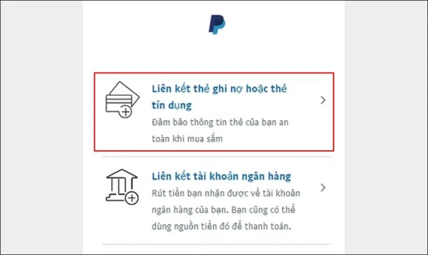 Chọn Liên kết thẻ ghi nợ hoặc thẻ tín dụng