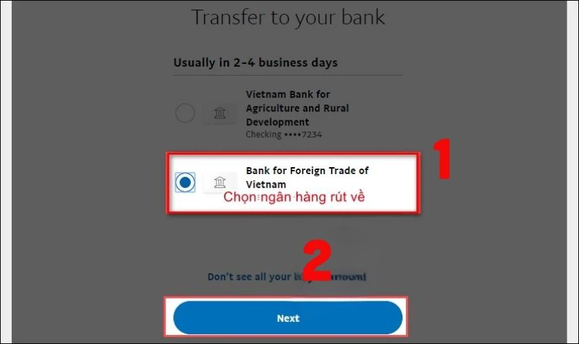 Chọn tài khoản ngân hàng muốn rút thẻ