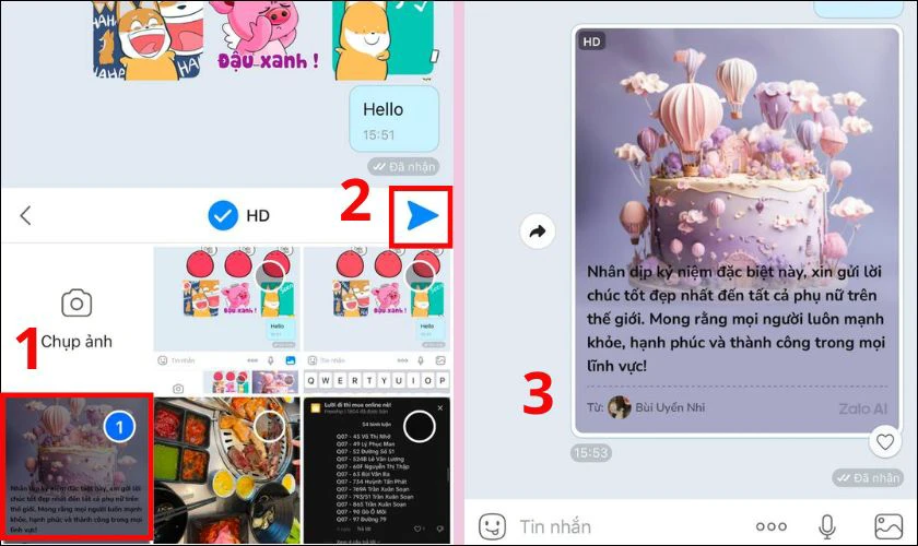 Gửi nhanh chóng sau khi tạo thiệp chúc mừng 8/3 trên Zalo