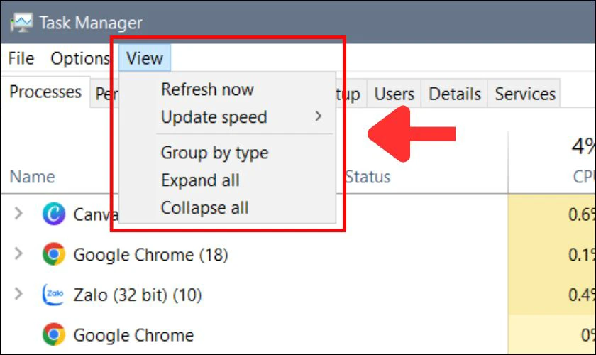 &Yacute; nghĩa chức năng View tr&ecirc;n Task Manager
