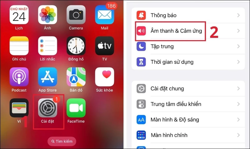 Mở ứng dụng C&agrave;i đặt, sau đ&oacute; chọn v&agrave;o mục m thanh v&agrave; Cảm ứng