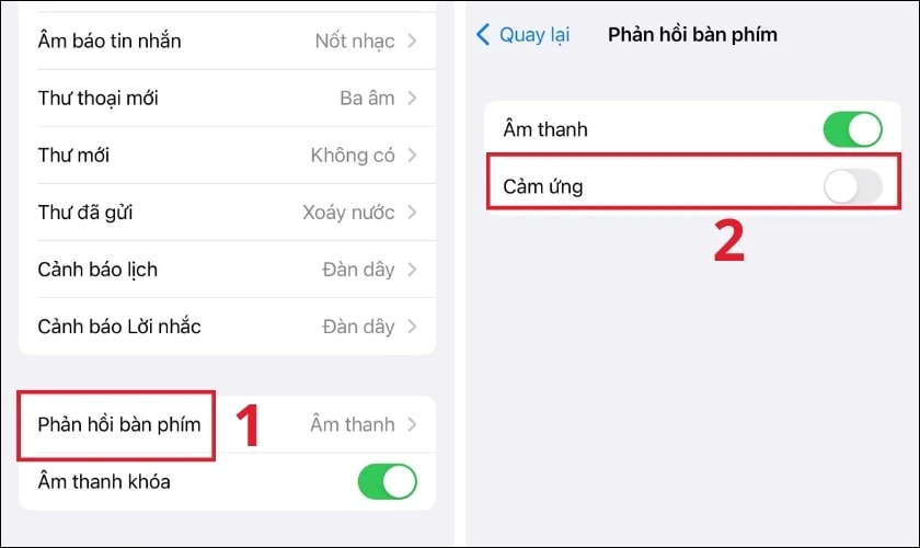 Nhấn v&agrave;o Tắt mục Cảm ứng để tắt chế độ rung của b&agrave;n ph&iacute;m iPhone