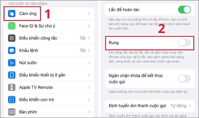 Chọn v&agrave;o mục Cảm ứng, sau đ&oacute; tắt n&uacute;t Rung