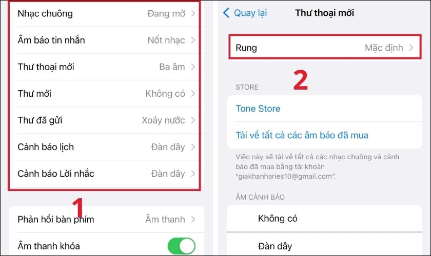 Chọn mục muốn điều chỉnh chế độ Rung rồi chọn v&agrave;o mục Rung