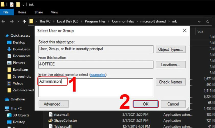Nhập Administrators tại Enter the object name to select v&agrave; ấn OK