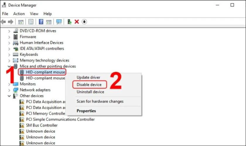 V&ocirc; hiệu quả chuột cảm ứng tại popup Disable device
