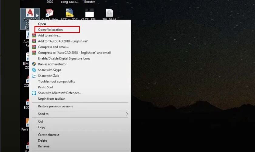 Chọn Open File Location để chuyển đến thư mục cài đặt Autocad
