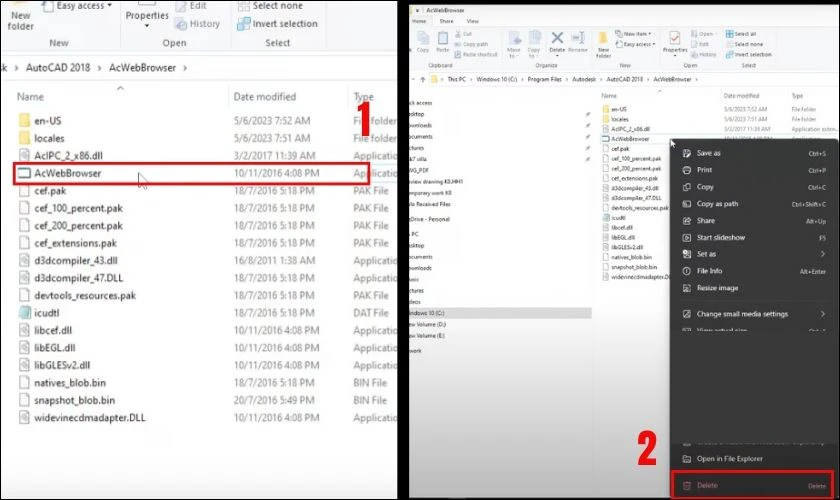 Tìm và nhấn chuột phải vào mục AcWebBrowser và chọn Delete