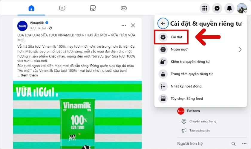 Trong hộp thoại vừa xuất hiện chọn Cài đặt