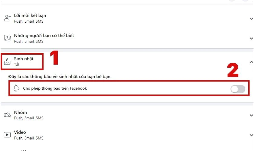 Click chọn Sinh nhật và nhấn tắt