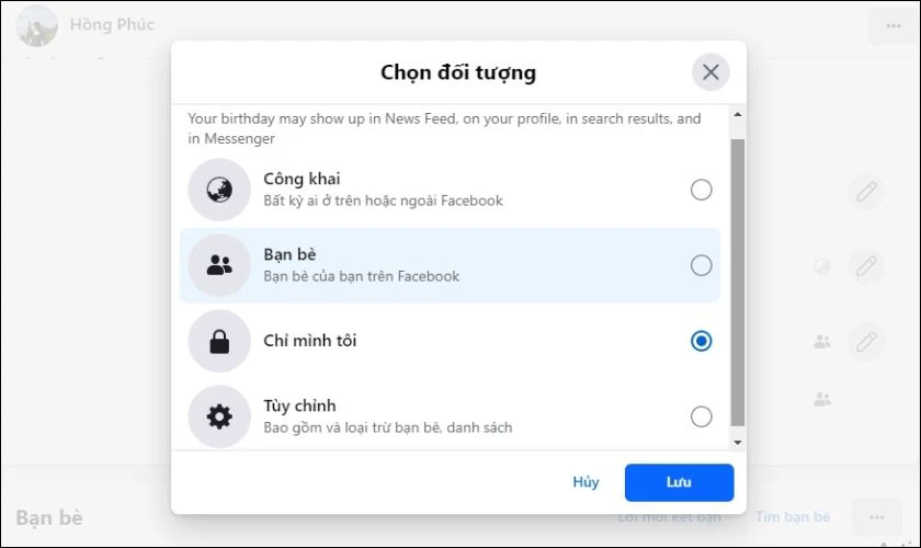 Có những chế độ thông báo sinh nhật nào với bạn bè trên Facebook?