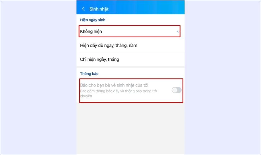 Tắt Báo cho bạn bè về sinh nhật của tôi