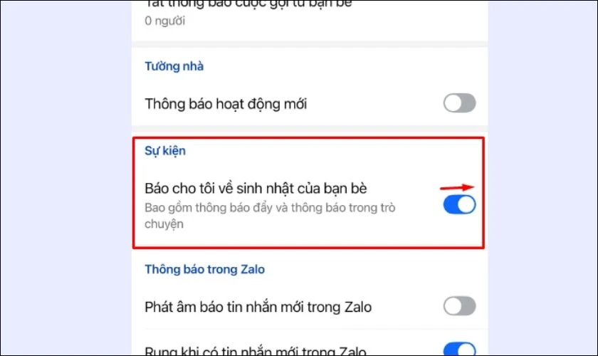 Nếu muốn nhận lại nhắc sinh nhật của bạn bè, vào Thông báo, tìm phần Sự kiện và bật lại
