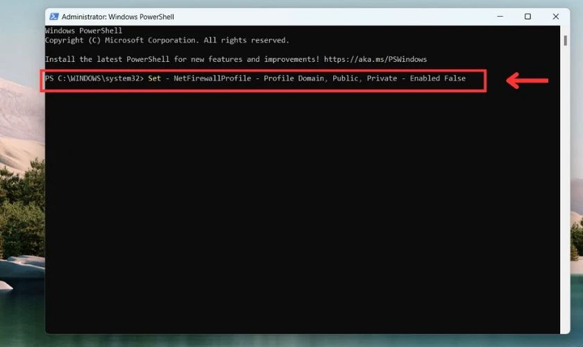 Thực hiện nhập lệnh Set - NetFirewallProfile - Profile Domain, Public, Private - Enabled False