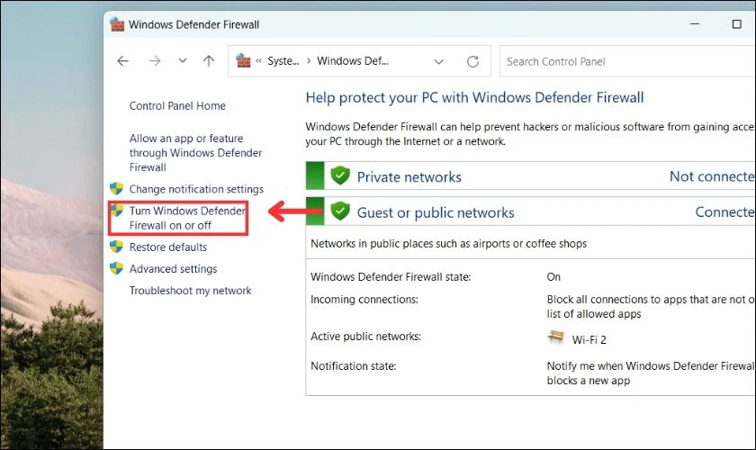 Thực hiện chọn v&agrave;o mục Windows Defender Firewall