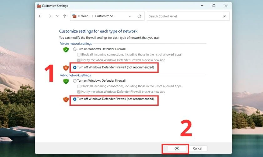 Chọn v&agrave;o Turn off Windows Defender Firewall để tắt tường lửa tr&ecirc;n Win 11 
