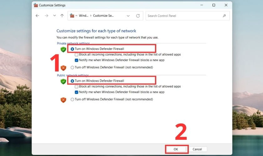 Chọn v&agrave;o phần OK để tắt tường lửa tr&ecirc;n Win 11 