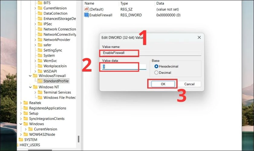 Thực hiện nhập EnableFirewall v&agrave;o Value name
