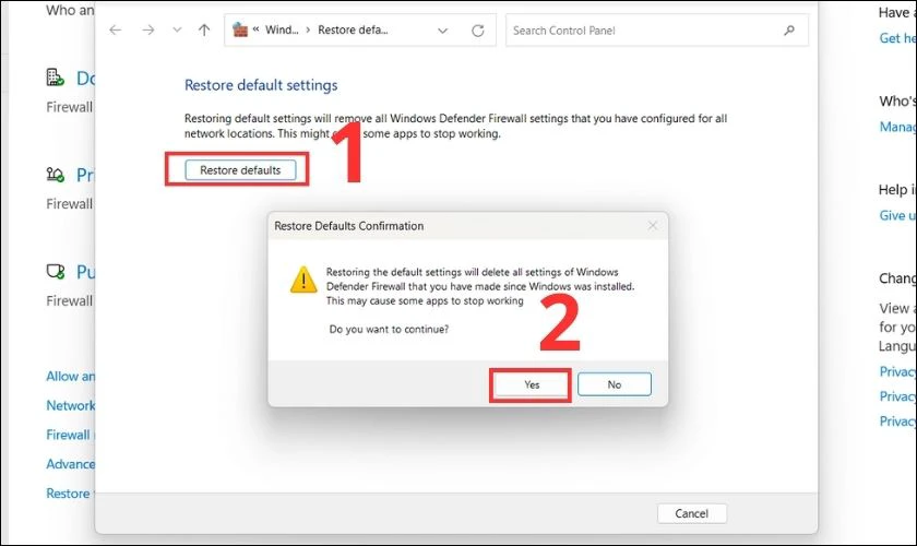 Thực hiện x&aacute;c nhận để tắt tường lửa tr&ecirc;n Win 11 