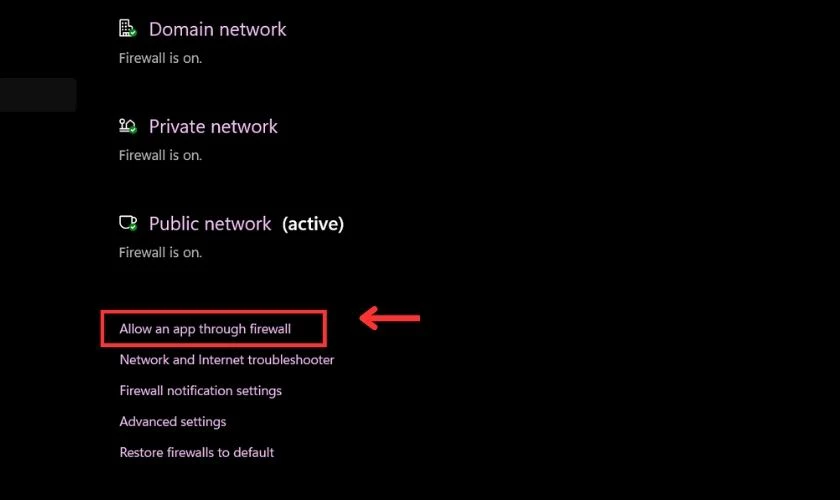 Chọn v&agrave;o mục Allow an app through firewall
