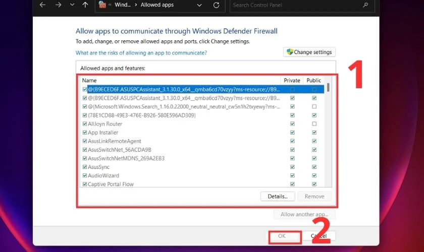 Cửa số Allowed apps and firewall