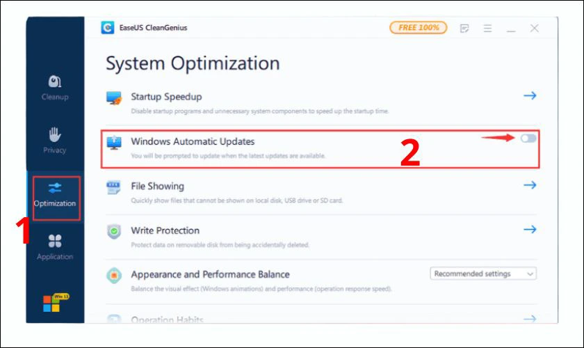 Chọn tab Optimization để mở tab tối ưu h&oacute;a t&iacute;nh năng hệ thống