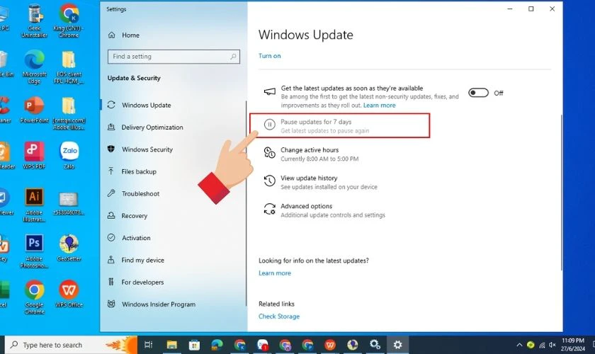 Chọn thời gian bạn muốn tạm dừng hoặc tắt update Windows 11 cho m&aacute;y t&iacute;nh