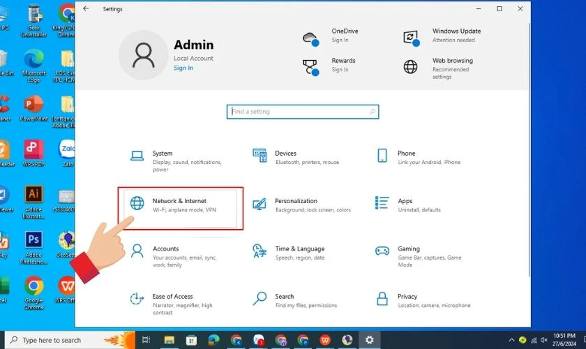 Mở cửa sổ C&agrave;i đặt bằng tổ hợp ph&iacute;m rồi chọn v&agrave;o tab Mạng & Internet