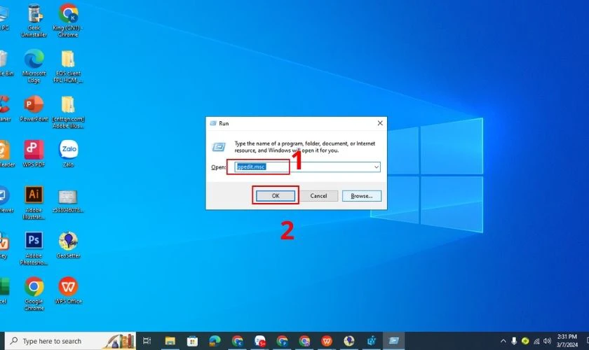 NHập c&acirc;u lệnh v&agrave; ấn OK để mở file m&agrave; bạn đang cần để tắt update Window 11