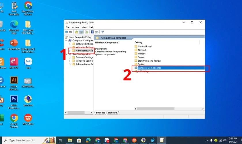 Chọn Windows Components trong Administrative Templates để tắt Windows update 11