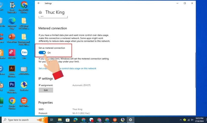 Gạt n&uacute;t sang tr&aacute;i để bật t&ugrave;y chọn Set as metered connection