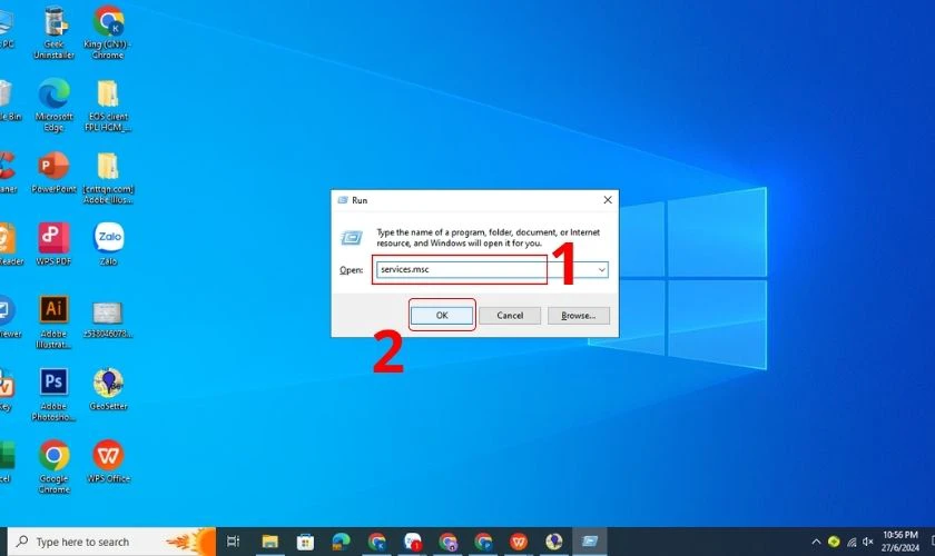 G&otilde; services.msc v&agrave;o hộp thoại v&agrave; chọn Enter
