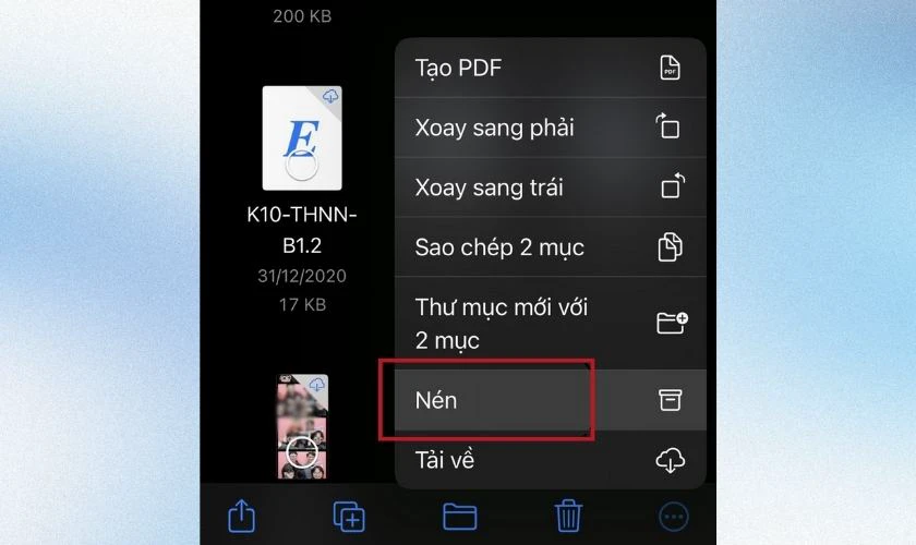 Chọn Compress để n&eacute;n c&aacute;c tệp m&agrave; bạn lựa chọn