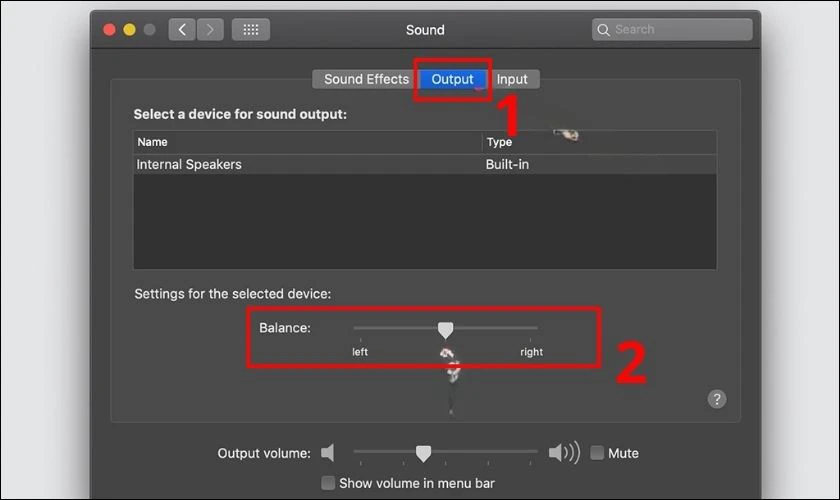 Chuyển qua tab Output và tìm mục Balance trên laptop
