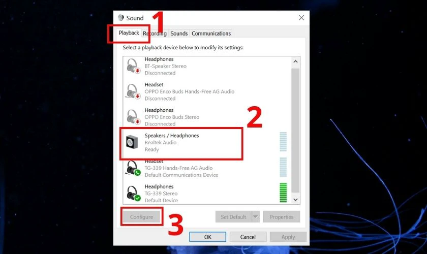 Bạn chọn tab Playback trên laptop