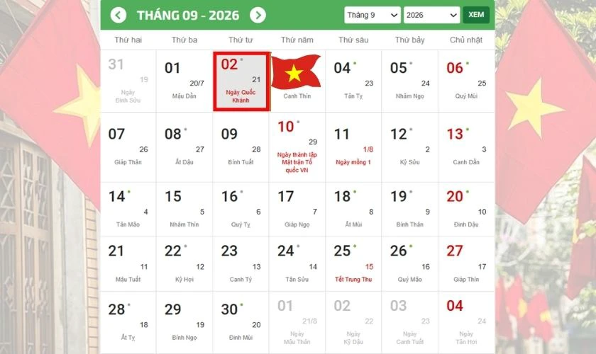 Tết Độc lập 2026 là ngày mấy? Thứ mấy?