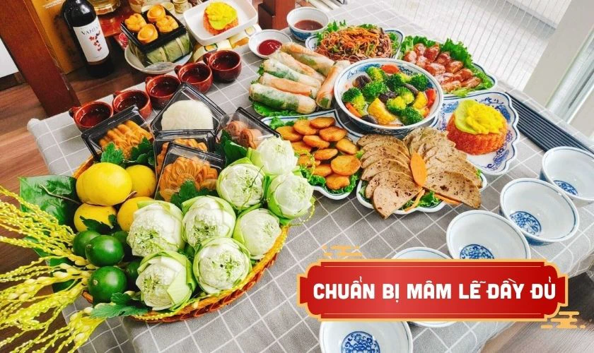 Chuẩn bị mâm lễ cùng hoa tươi để dâng cúng