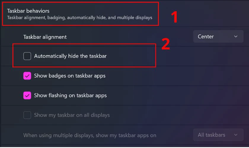Tick hoặc bỏ tick ô Automatically hide the taskbar để ẩn, hiện Taskbar