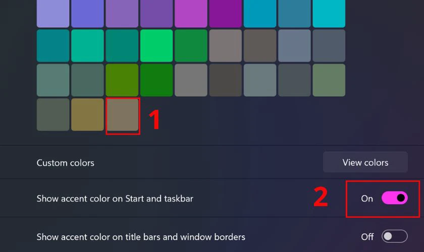 Kéo công tắc ở mục Show accent color on Start and Taskbar sang phải để đổi màu