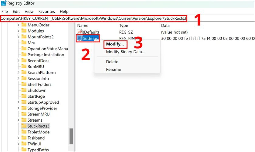 Nhấp chuột phải vào giá trị Settings và chọn Modify...