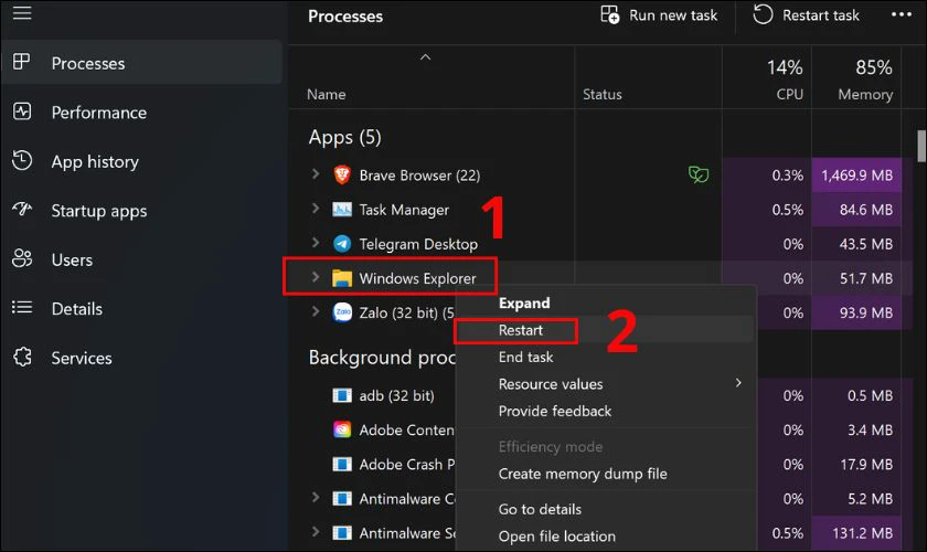 Nhấp chuột phải vào Windows Explorer rồi chọn tiếp chọn vào Restart